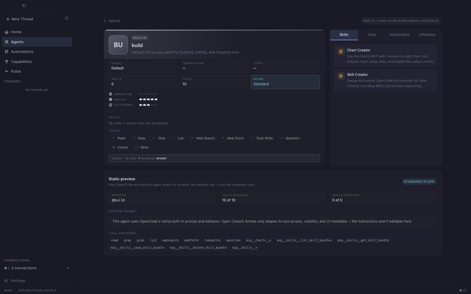 Agent builder showing the build agent with skills, tools, and inference settings