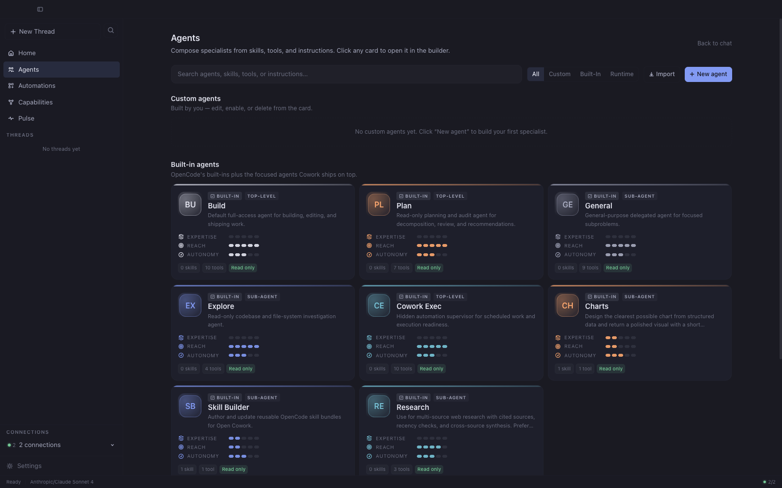 Agents page listing built-in and custom agents in a portrait card grid