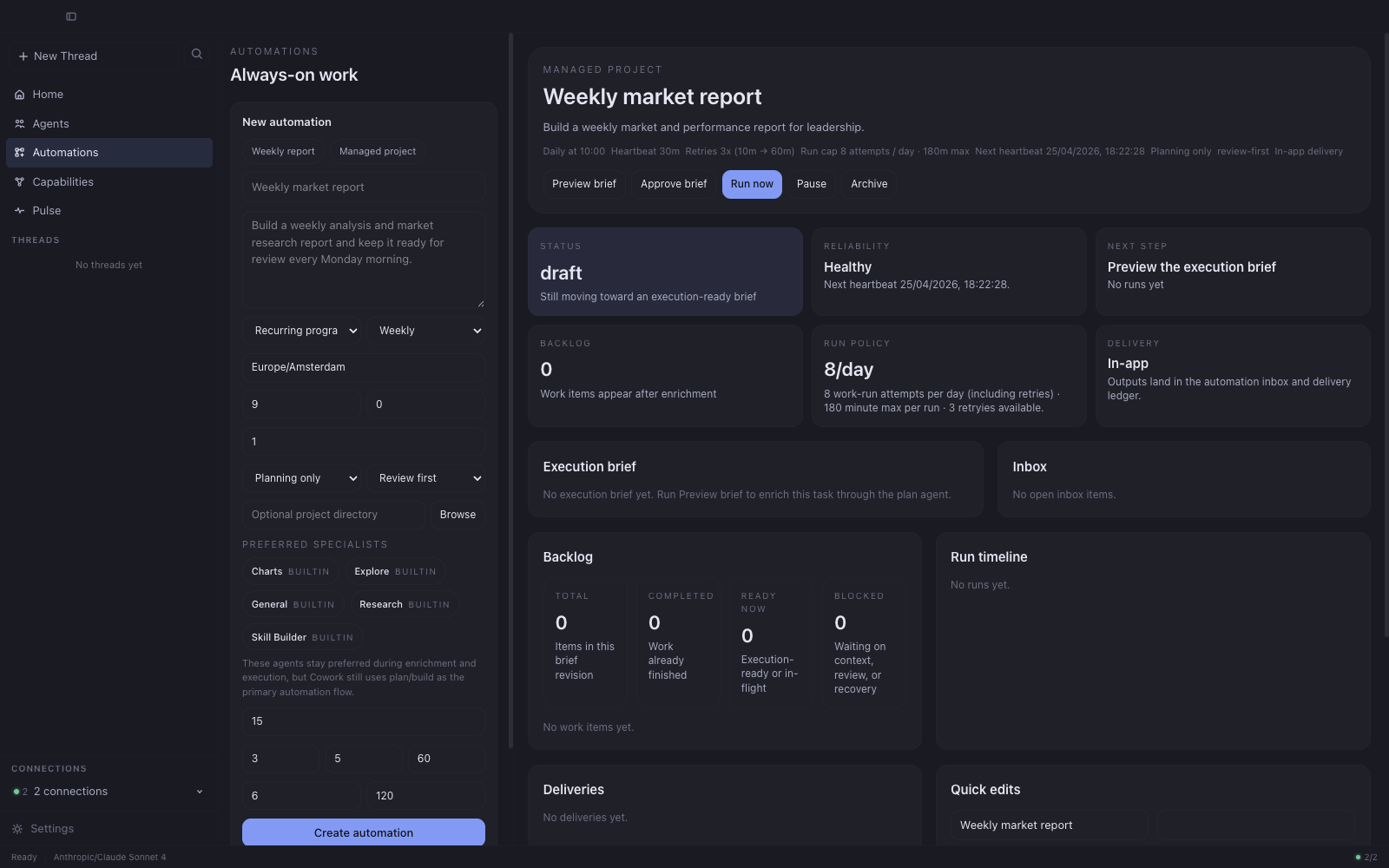 Automation detail with execution brief, run timeline, reliability, and run policy panels