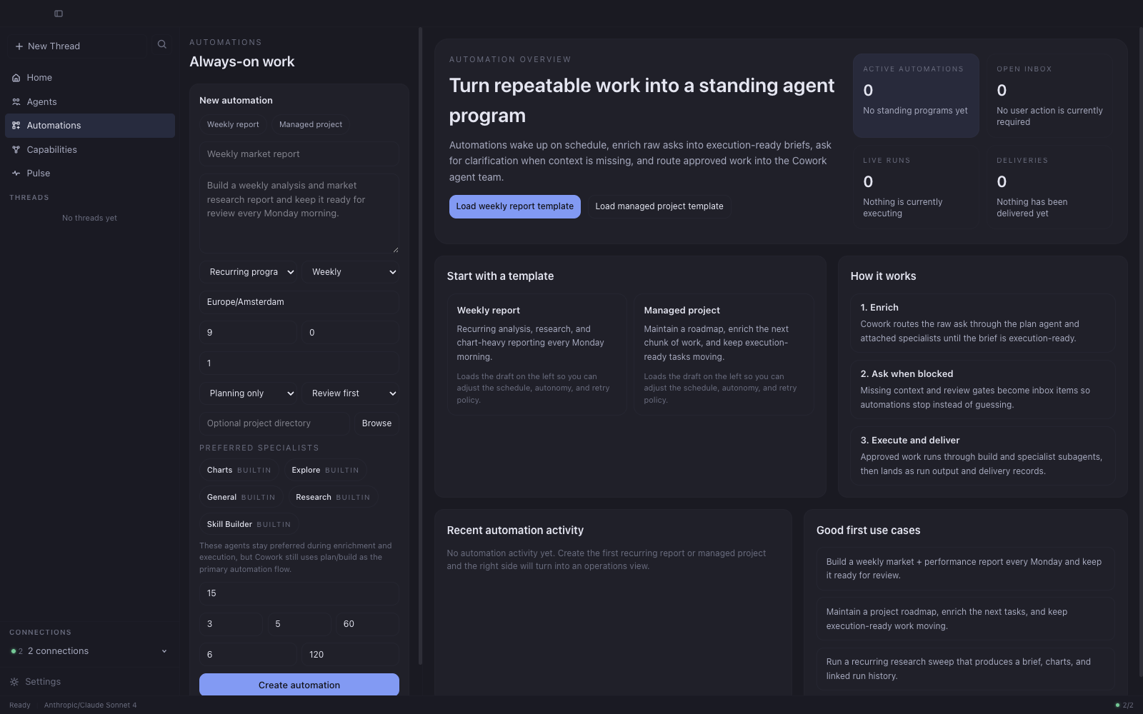Automations overview with templates, draft form, and recent activity