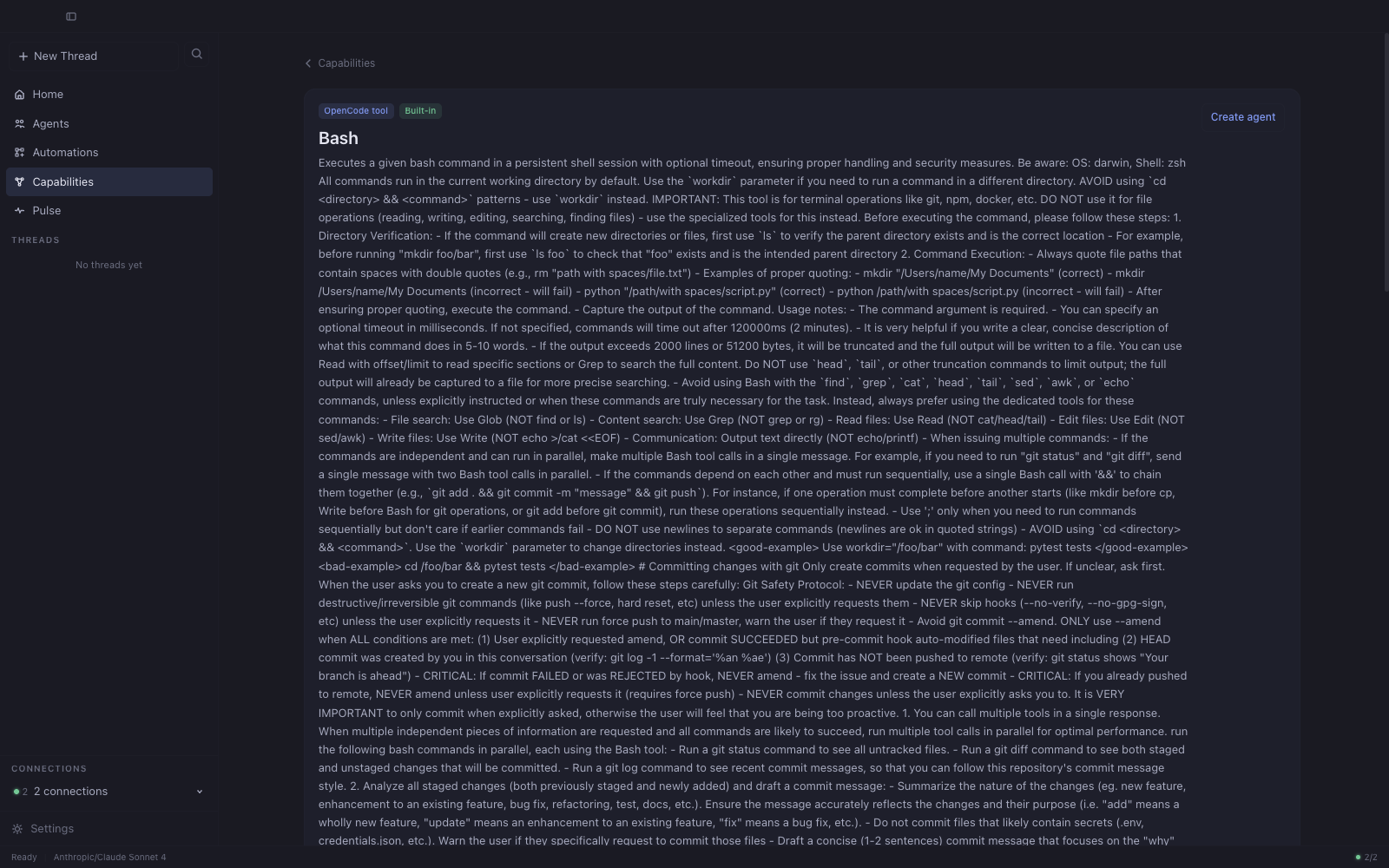 Capabilities tool detail page showing methods and source for the bash tool