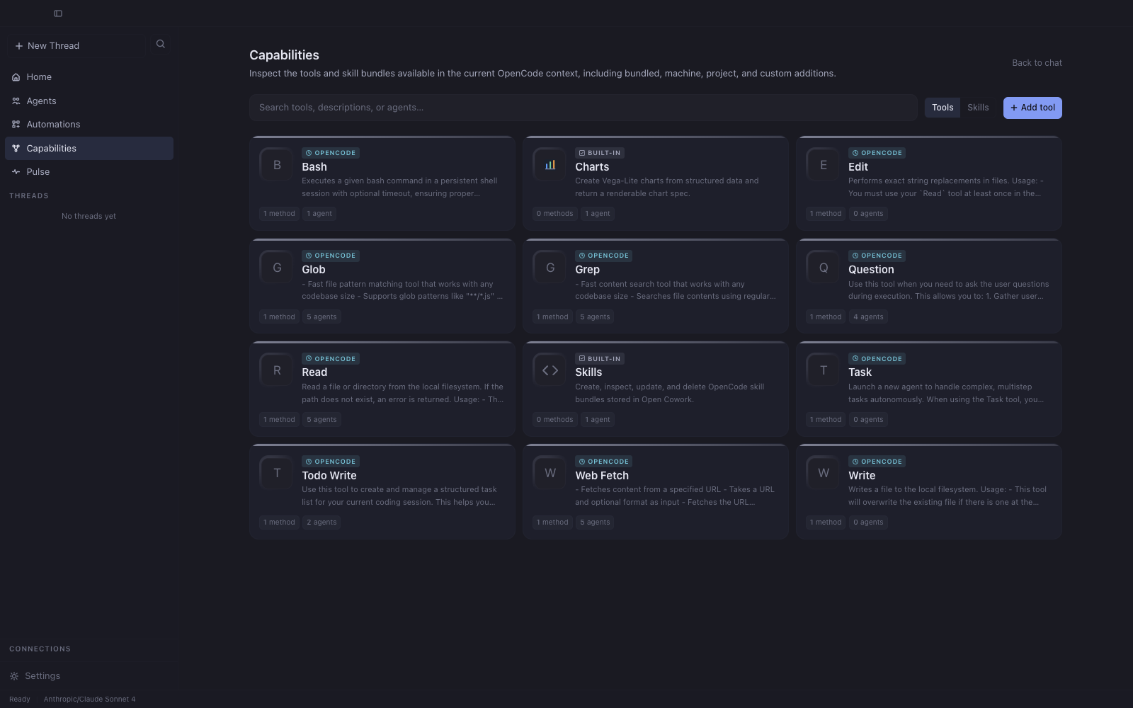 Capabilities page on the Tools tab showing built-in and installed MCP tools with method counts