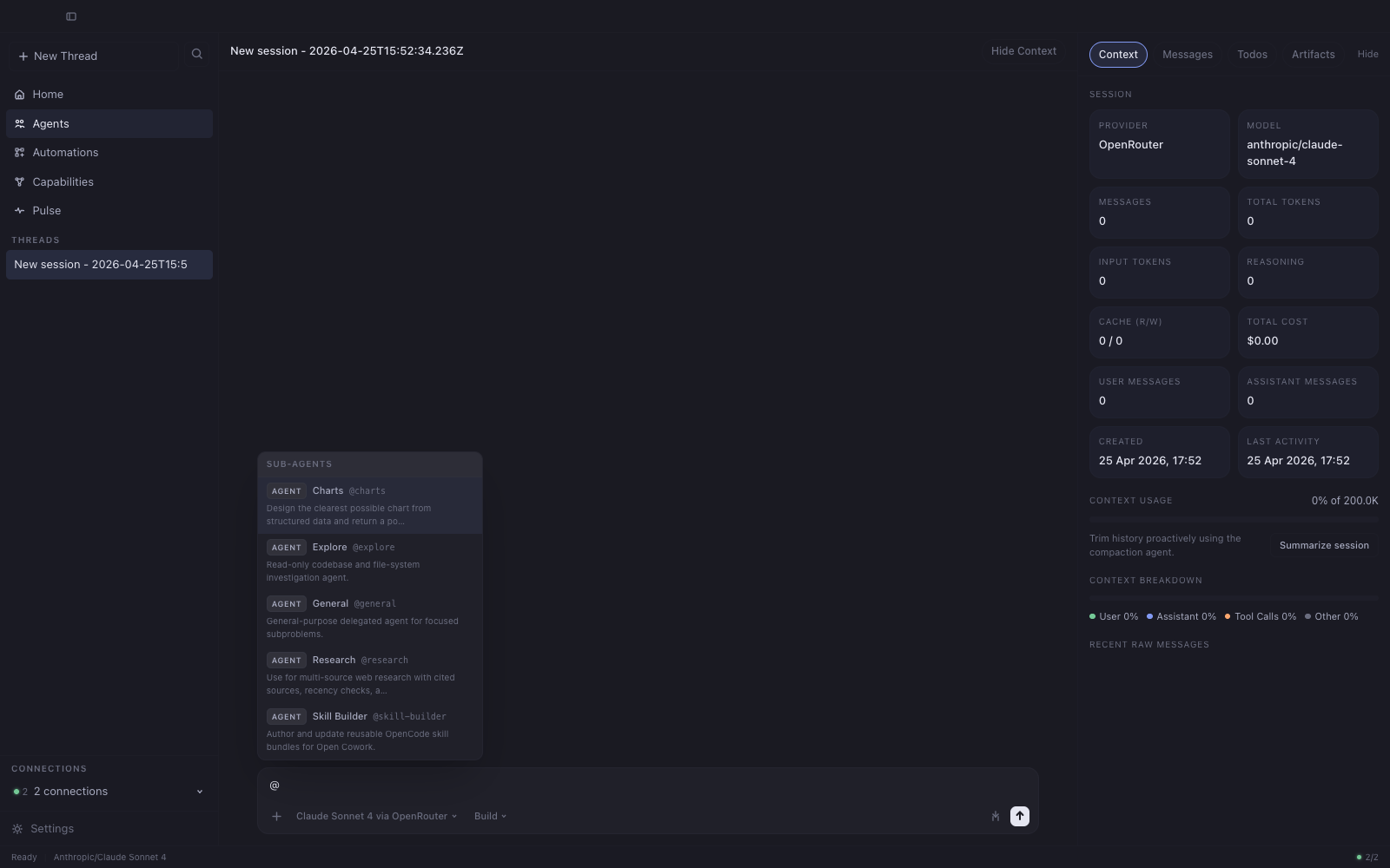 Chat thread with the @-mention picker open over the list of available sub-agents