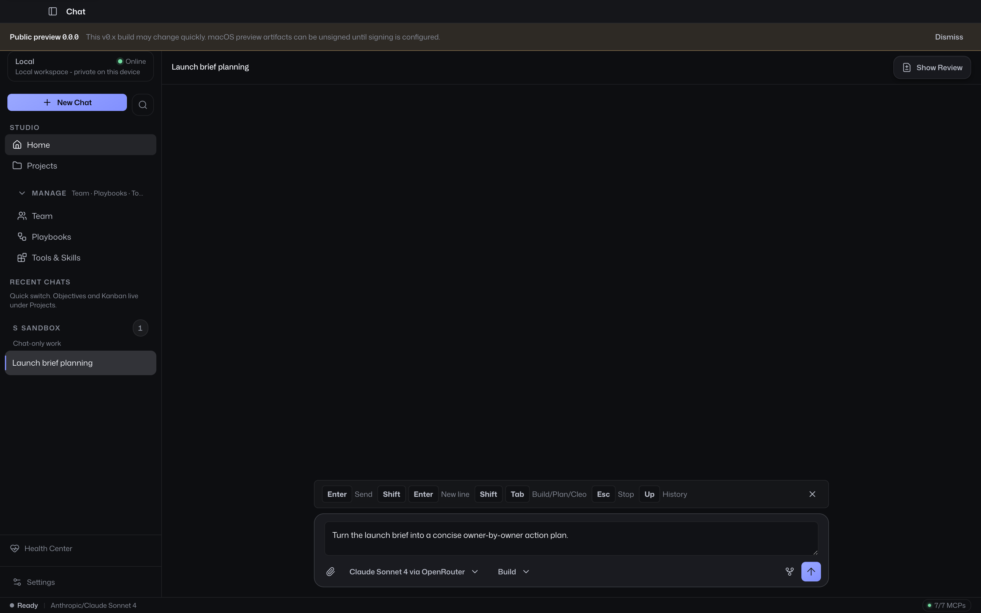 New Chat composer with Review collapsed by default