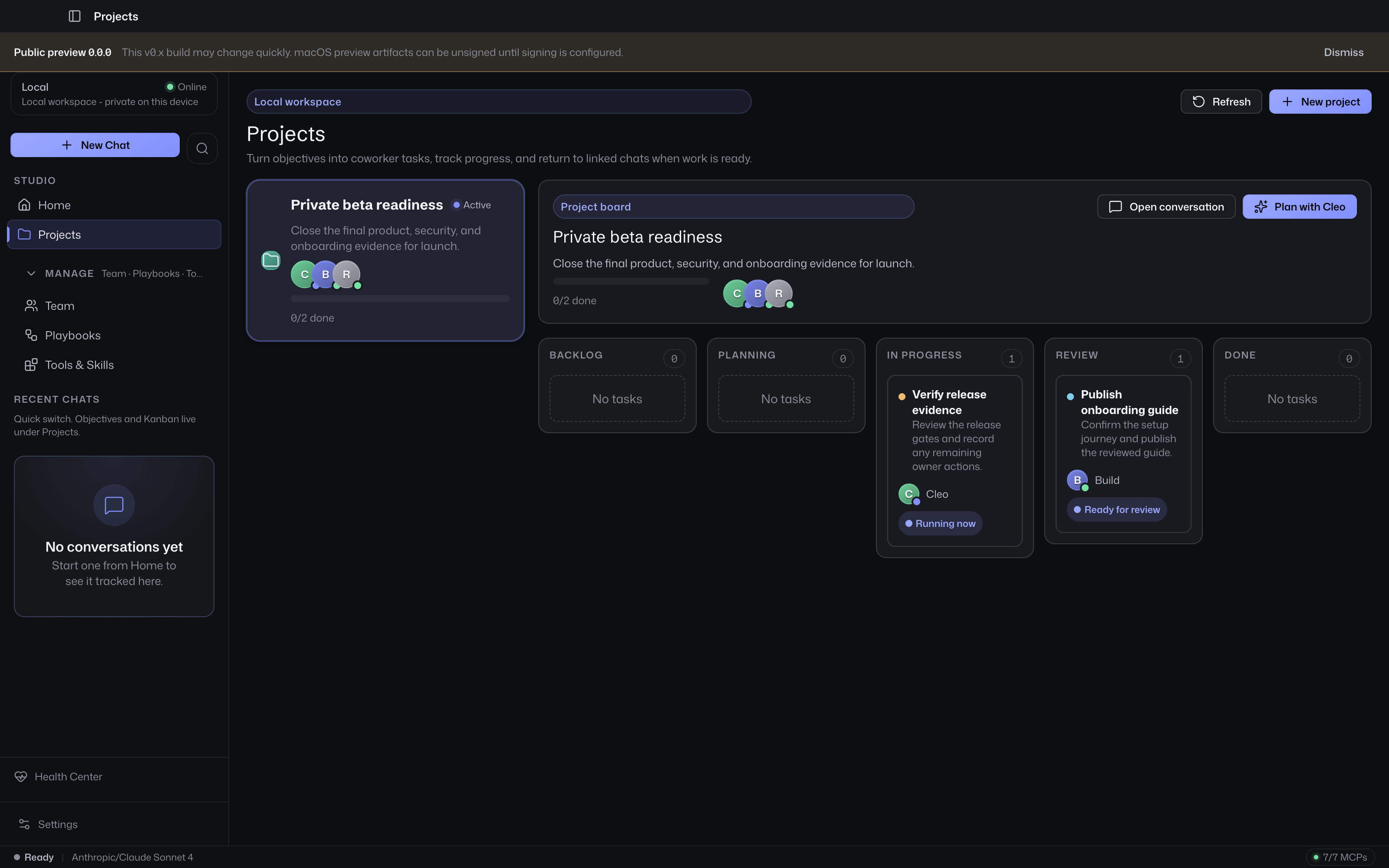 Projects coordination board with objective and task states