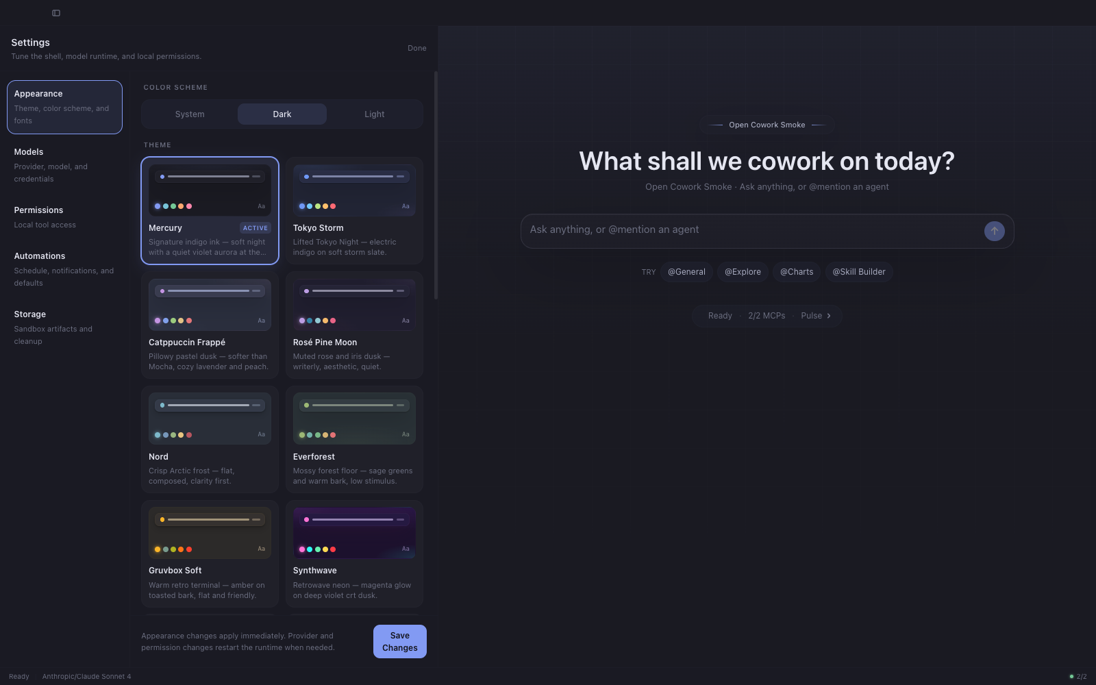 Settings panel on the Appearance tab with theme presets and color scheme picker
