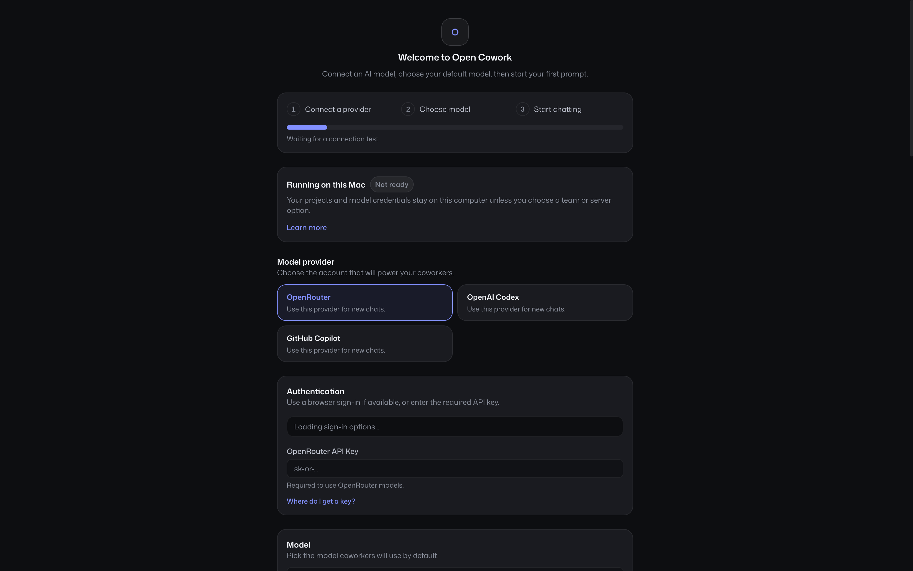 First-run setup for connecting a model provider and choosing a default model