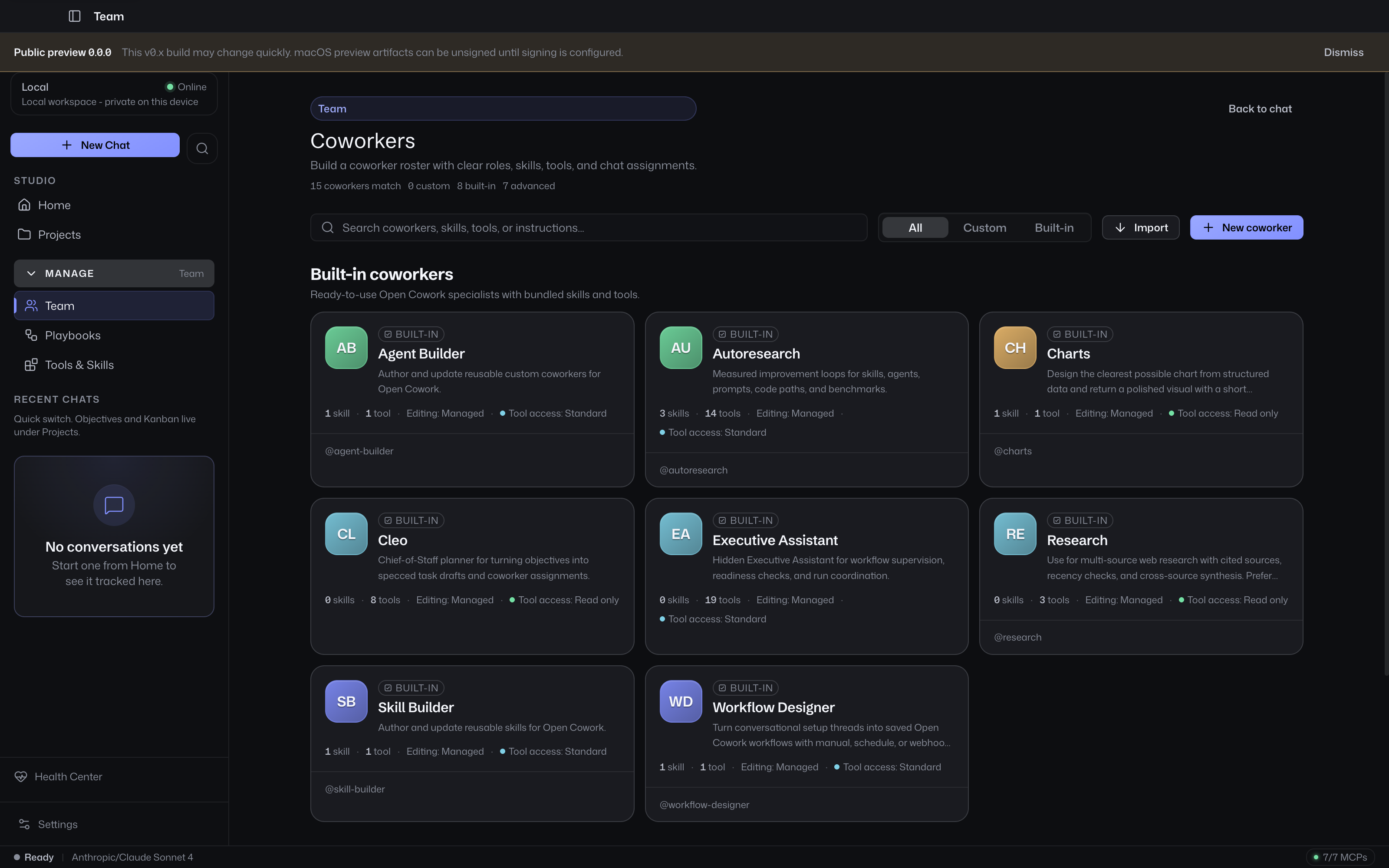 Team page showing built-in coworkers with provenance filters