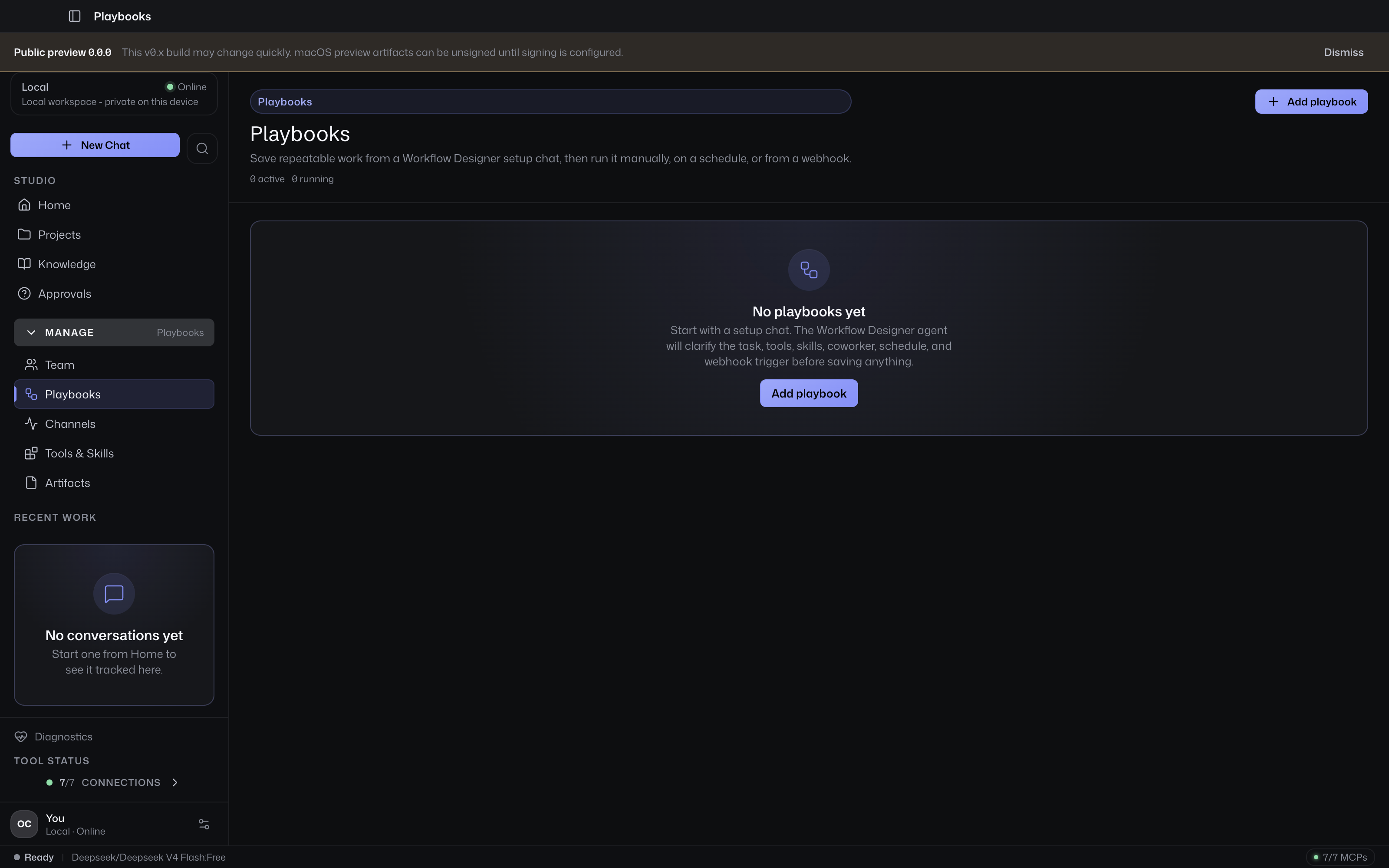 Playbooks page showing the Add playbook setup-chat entry point